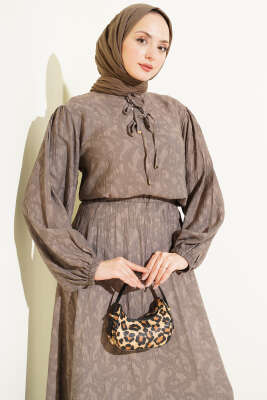 Desenli Bağlama Detaylı Etekli İkili Takım Vizon - İkili Takım