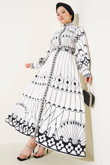 Desenli Balon Kol Boydan Mini Düğmeli Elbise Beyaz - Elbise