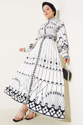 Desenli Balon Kol Boydan Mini Düğmeli Elbise Beyaz - JENNYFER