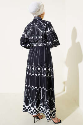 Desenli Balon Kol Boydan Mini Düğmeli Elbise Siyah - Tesettür Elbise