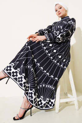 Desenli Balon Kol Boydan Mini Düğmeli Elbise Siyah - Tesettür Elbise