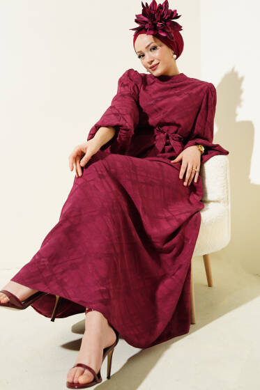 Desenli Balon Kol Kuşaklı Jakar Elbise Bordo - Elbise