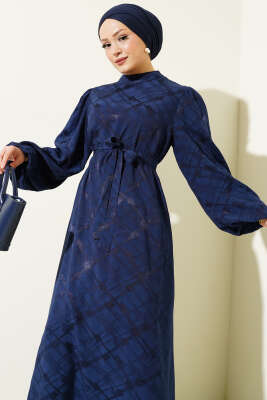 Desenli Balon Kol Kuşaklı Jakar Elbise Lacivert - Tesettür Elbise