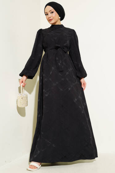 Desenli Balon Kol Kuşaklı Jakar Elbise Siyah - Elbise