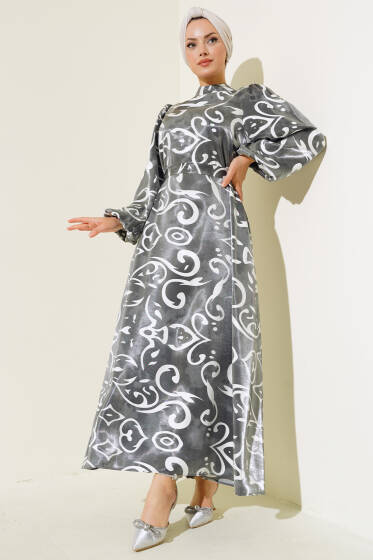 Desenli Balon Kol Parlak Elbise Füme - Elbise