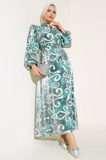 Desenli Balon Kol Parlak Elbise Yeşil - Elbise