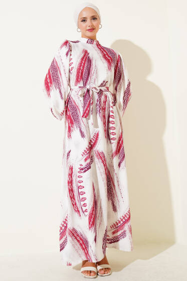 Desenli Balon Kol Saten Abiye Elbise Bordo - Elbise