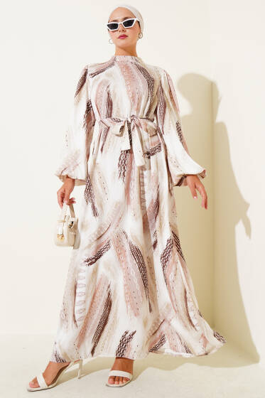 Desenli Balon Kol Saten Abiye Elbise Kahve - Elbise