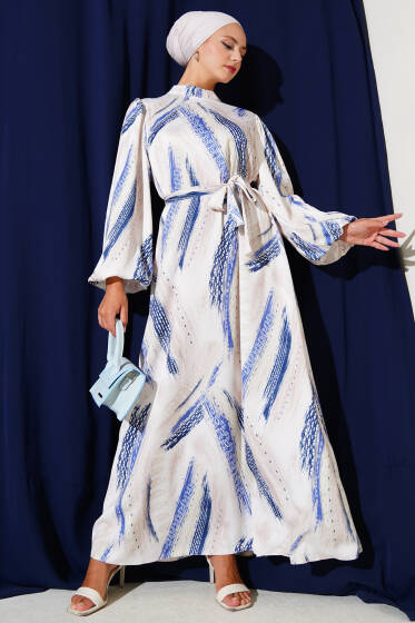 Desenli Balon Kol Saten Abiye Elbise Mavi - Elbise