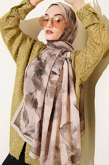 Desenli Bambu Kraş Şal Bej - Başörtüsü