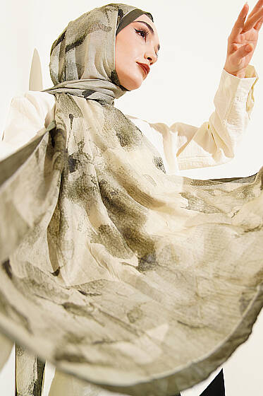 Desenli Bambu Kraş Şal Haki - Başörtüsü