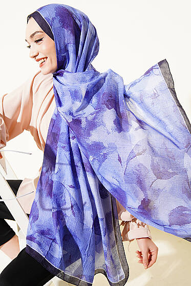 Desenli Bambu Kraş Şal Lacivert - Başörtüsü