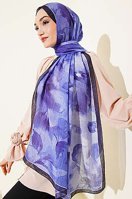 Desenli Bambu Kraş Şal Lacivert - Başörtüsü