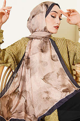 Desenli Bambu Kraş Şal Lacivert Bej - Başörtüsü