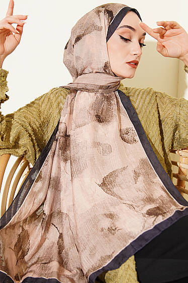 Desenli Bambu Kraş Şal Lacivert Bej - Başörtüsü