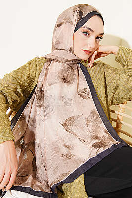 Desenli Bambu Kraş Şal Lacivert Bej - Başörtüsü