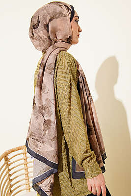 Desenli Bambu Kraş Şal Lacivert Bej - Başörtüsü