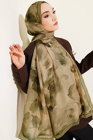 Desenli Bambu Kraş Şal Yağ Yeşili - Başörtüsü