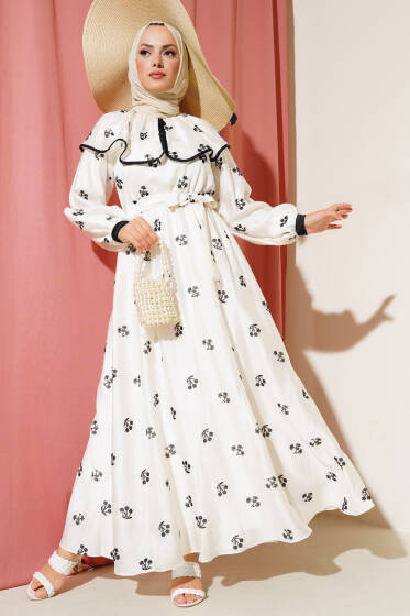 Desenli Bebe Yaka Elbise Ekru - Elbise