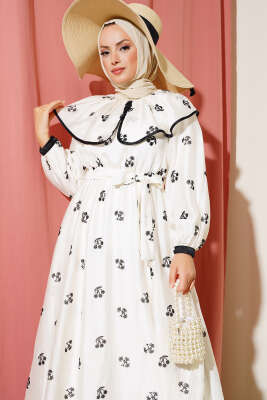 Desenli Bebe Yaka Elbise Ekru - Tesettür Elbise