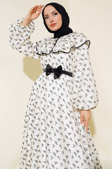 Desenli Bebe Yaka Elbise Siyah Desenli - Elbise
