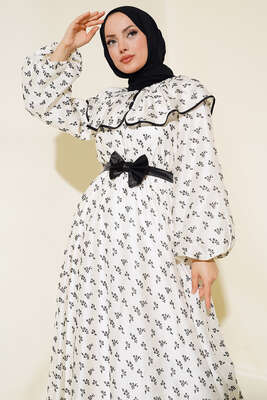 Desenli Bebe Yaka Elbise Siyah Desenli 