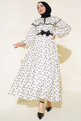 Desenli Bebe Yaka Elbise Siyah Desenli - Tesettür Elbise