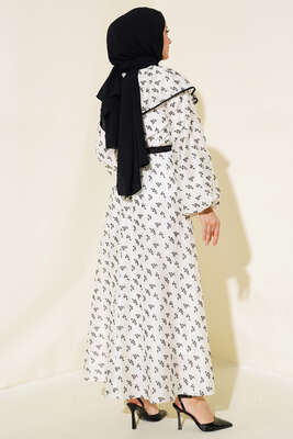 Desenli Bebe Yaka Elbise Siyah Desenli - Tesettür Elbise