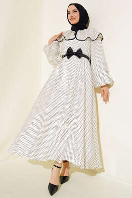 Desenli Bebe Yaka Elbise Siyah Puantiye - Tesettür Elbise