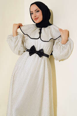 Desenli Bebe Yaka Elbise Siyah Puantiye - Tesettür Elbise