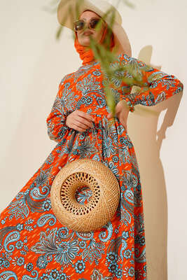 Desenli Bel Kuşaklı Elbise Oranj - Thumbnail