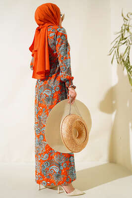 Desenli Bel Kuşaklı Elbise Oranj - Thumbnail