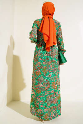 Desenli Bel Kuşaklı Elbise Yeşil - Thumbnail