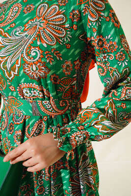 Desenli Bel Kuşaklı Elbise Yeşil - Thumbnail