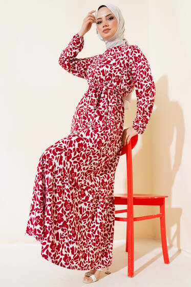 Desenli Bel Lastikli Bürümcük Elbise Bordo - Elbise