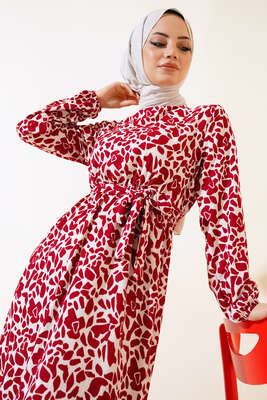 Desenli Bel Lastikli Bürümcük Elbise Bordo - Tesettür Elbise