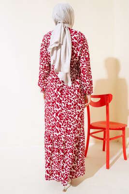 Desenli Bel Lastikli Bürümcük Elbise Bordo - Tesettür Elbise