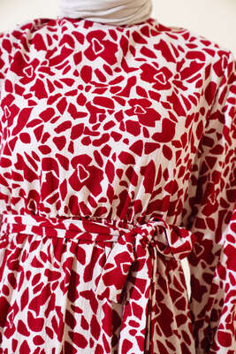 Desenli Bel Lastikli Bürümcük Elbise Bordo - Tesettür Elbise