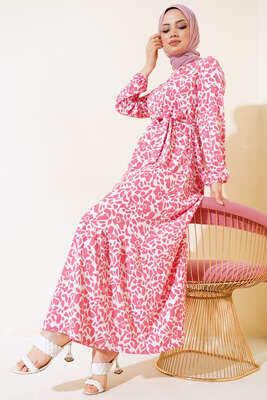 Desenli Bel Lastikli Bürümcük Elbise Pudra - Tesettür Elbise