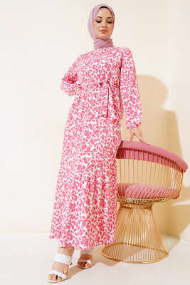 Desenli Bel Lastikli Bürümcük Elbise Pudra