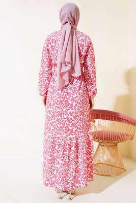 Desenli Bel Lastikli Bürümcük Elbise Pudra - Tesettür Elbise