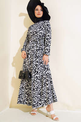 Desenli Bel Lastikli Bürümcük Elbise Siyah 