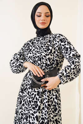 Desenli Bel Lastikli Bürümcük Elbise Siyah - Tesettür Elbise