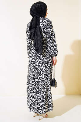 Desenli Bel Lastikli Bürümcük Elbise Siyah - Tesettür Elbise