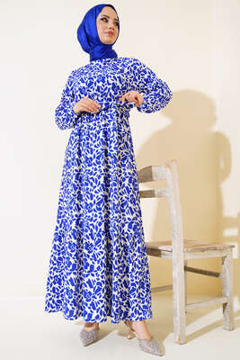 Desenli Bel Lastikli Bürümcük Elbise Saks - Tesettür Elbise