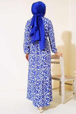 Desenli Bel Lastikli Bürümcük Elbise Saks - Tesettür Elbise