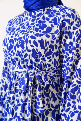 Desenli Bel Lastikli Bürümcük Elbise Saks - Tesettür Elbise