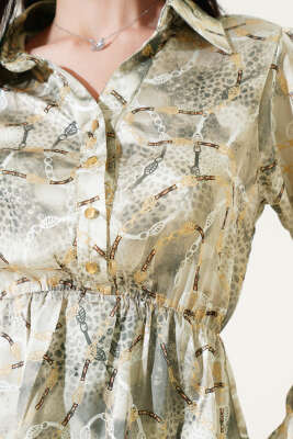 Desenli Bel Lastikli Saten Kısa Gömlek Haki - Kadın Giyim Modelleri