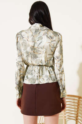 Desenli Bel Lastikli Saten Kısa Gömlek Haki - Kadın Giyim Modelleri