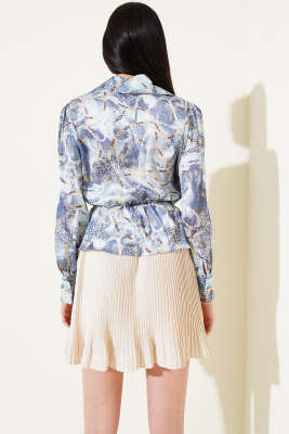 Desenli Bel Lastikli Saten Kısa Gömlek İndigo - Kadın Giyim Modelleri